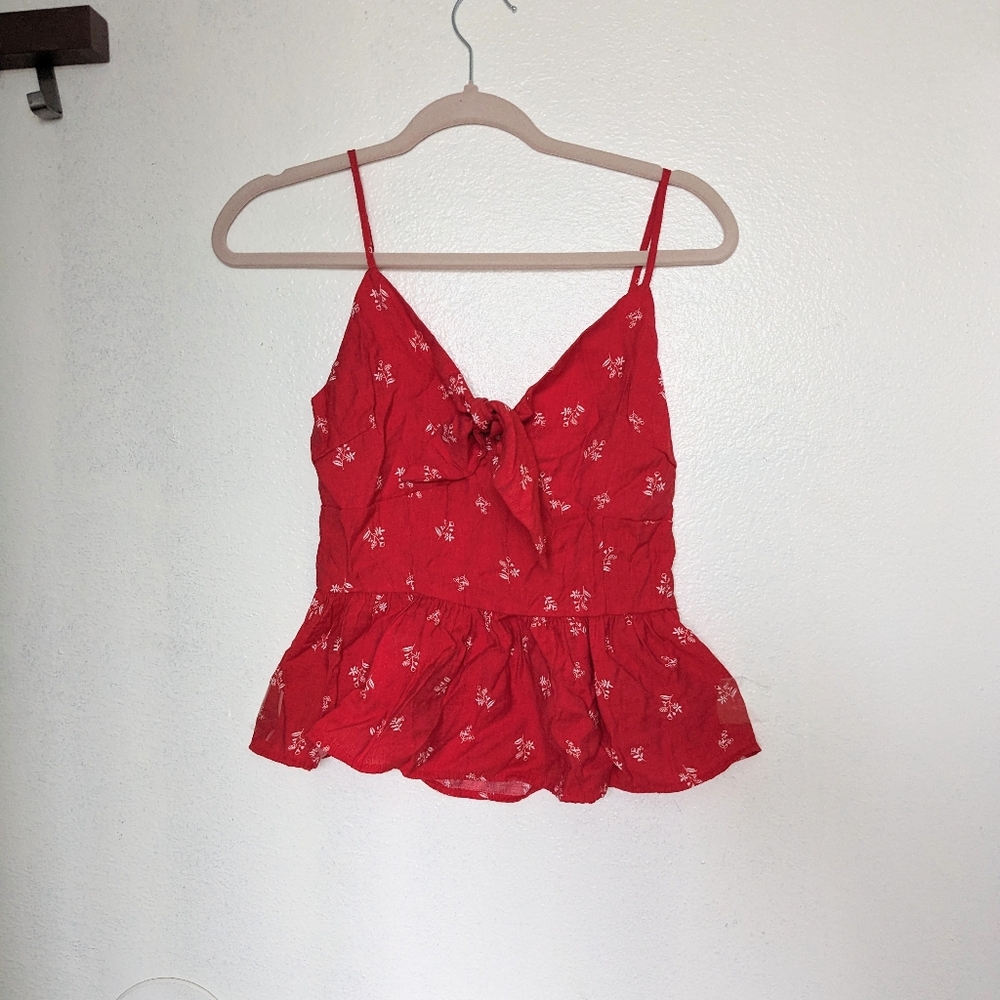 Red Tank Spaghetti Strap Cropped Blouse White Floral, Mini Top Size Small
